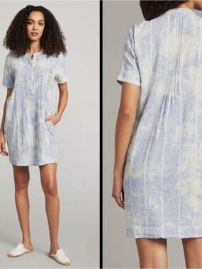 Faherty Gemina Women Size L Linen Shift Mini Dress Blue Gauzy Beach Short Sleeve